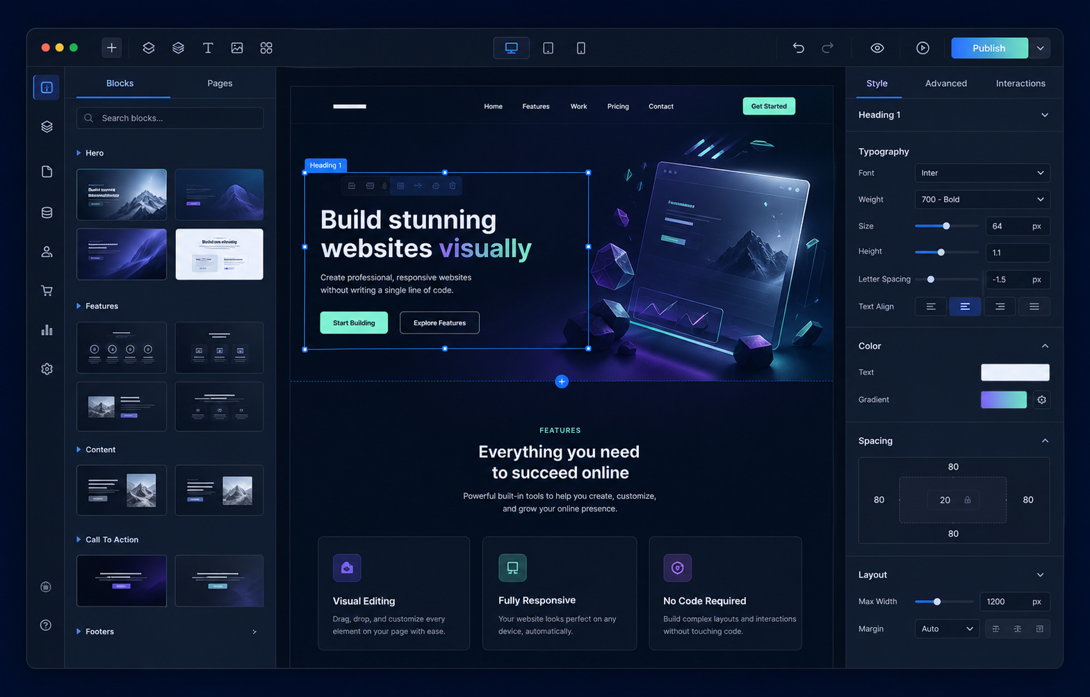 Графическая концепция рабочего пространства Site Creator с библиотекой блоков, холстом и панелью свойств